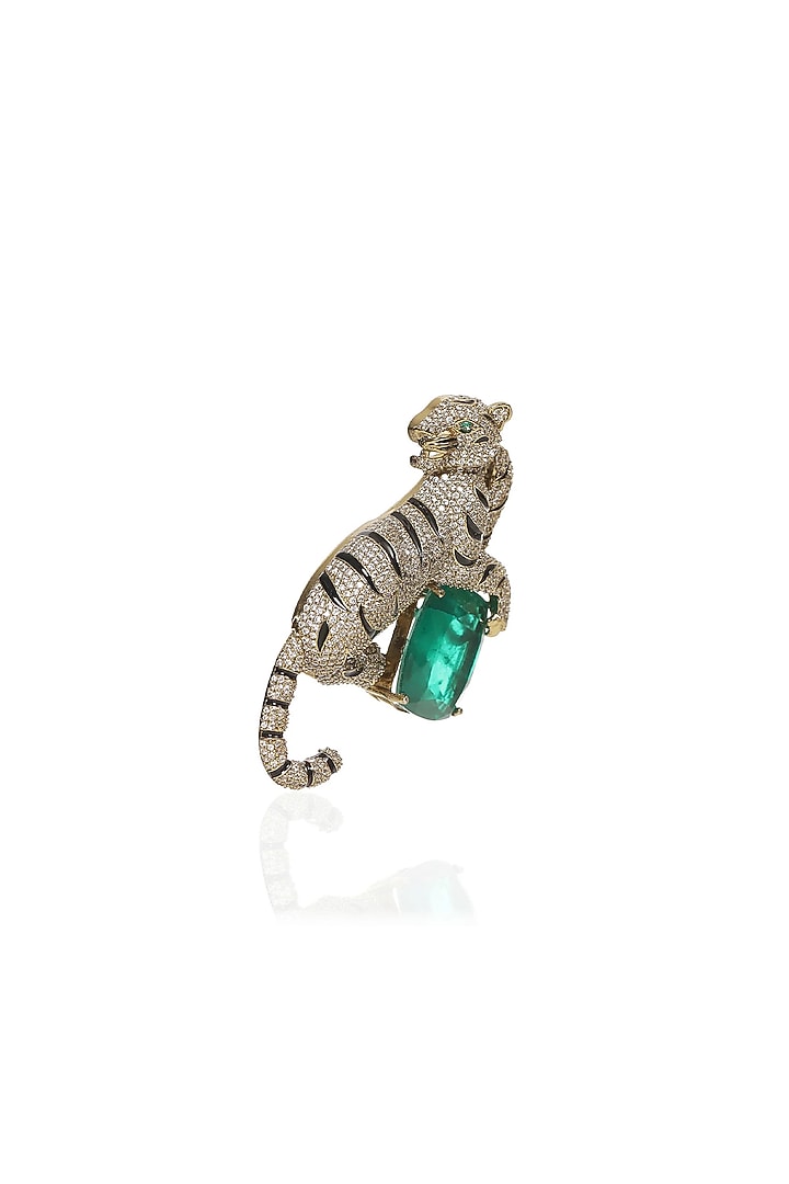 Antique Gold Finish Green Stone Brooch by Preeti Mohan Men at Pernia's Pop Up Shop