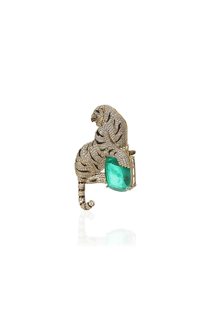 Antique Gold Finish Green Stone Brooch by Preeti Mohan Men at Pernia's Pop Up Shop
