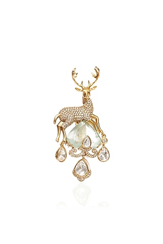Antique Gold Finish Fluorite Brooch by Preeti Mohan Men