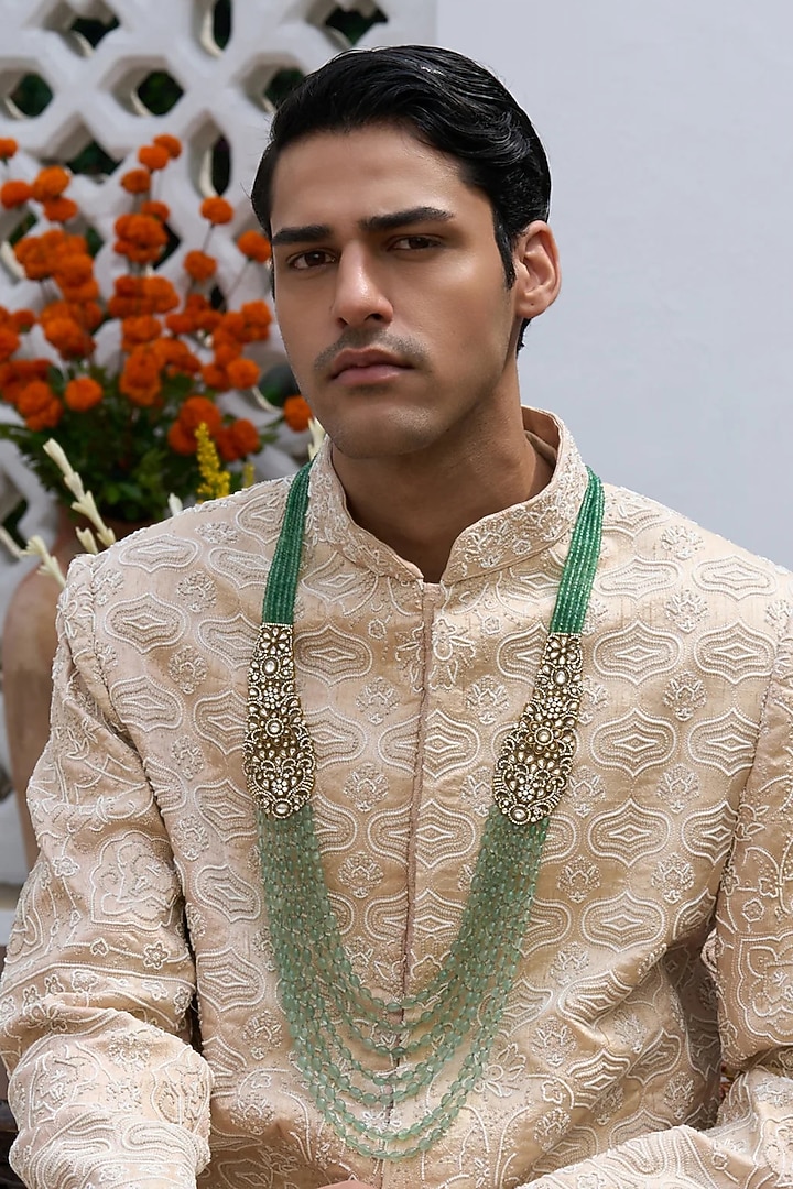 Gold Finish Green Onyx & Polki Layered Mala by Preeti Mohan Men at Pernia's Pop Up Shop