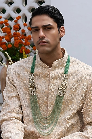 Gold Finish Green Onyx & Polki Layered Mala by Preeti Mohan Men