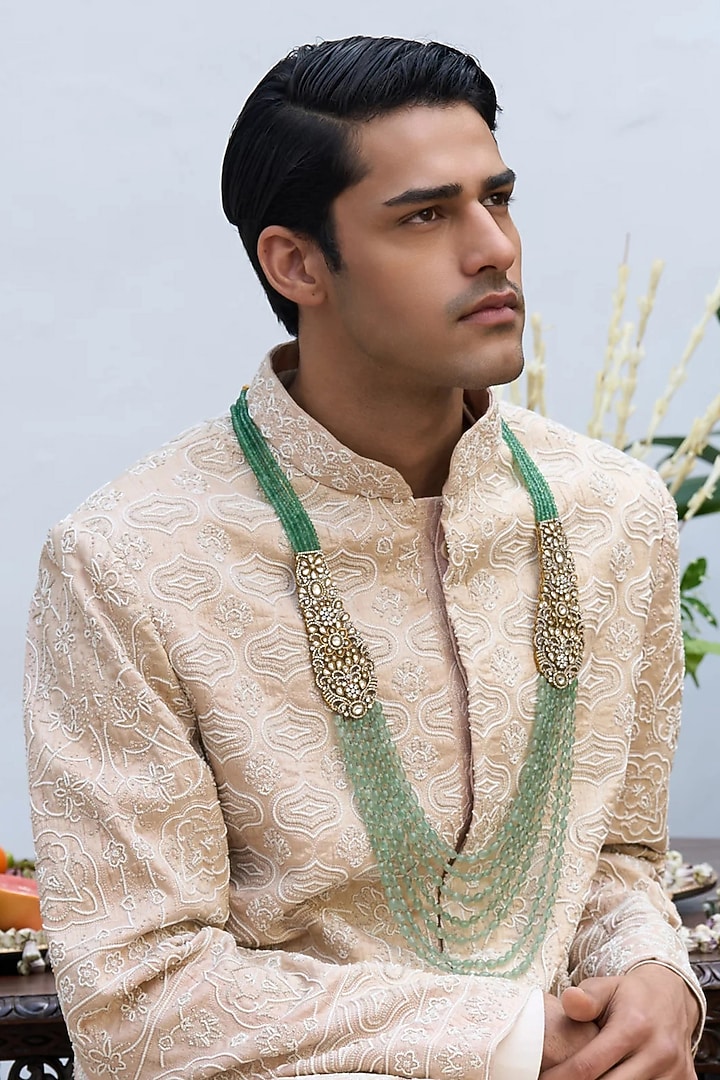 Gold Finish Green Onyx & Polki Layered Mala by Preeti Mohan Men at Pernia's Pop Up Shop
