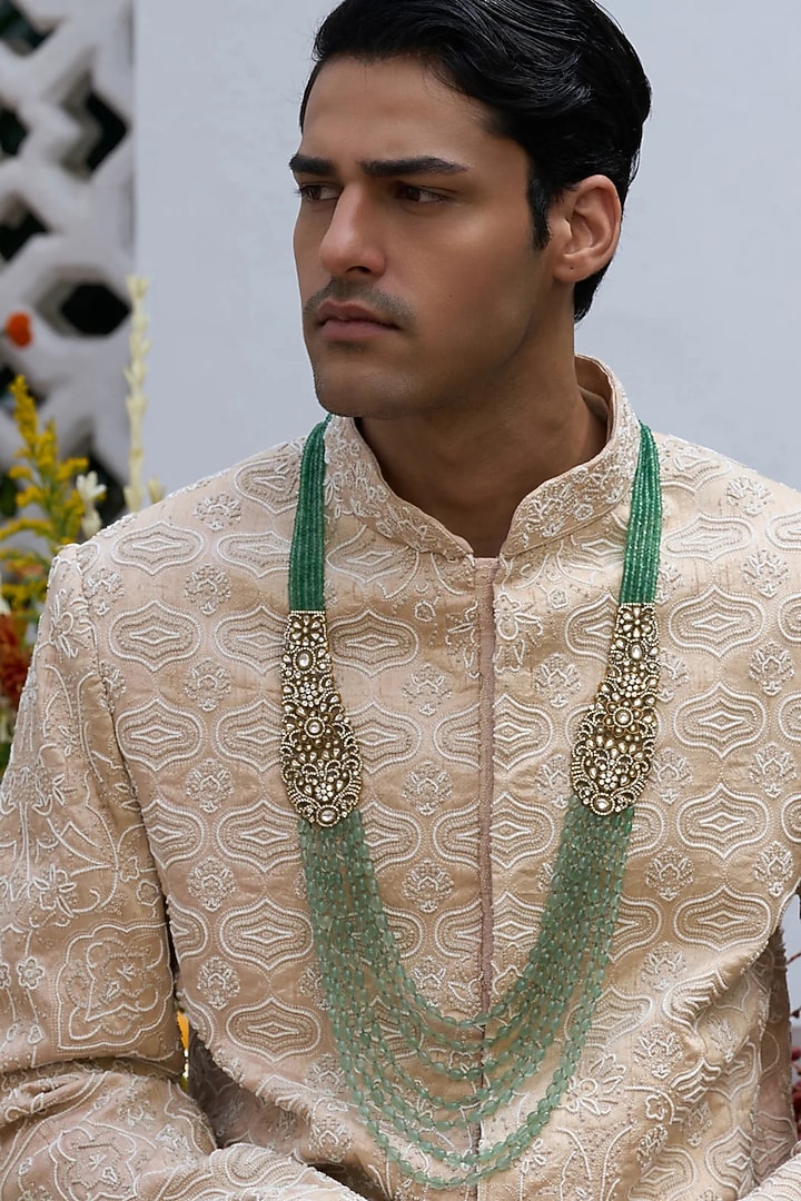 Gold Finish Green Onyx & Polki Layered Mala by Preeti Mohan Men at Pernia's Pop Up Shop