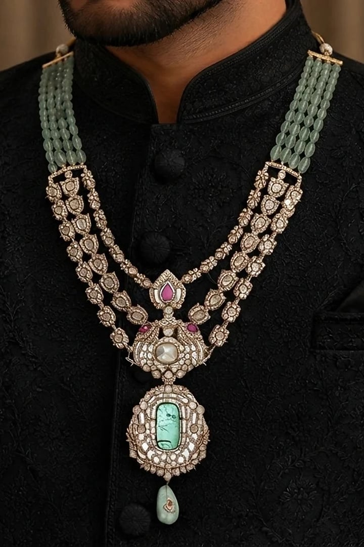 Gold Finish Green Polki & Fluorite Layered Mala by Preeti Mohan Men at Pernia's Pop Up Shop