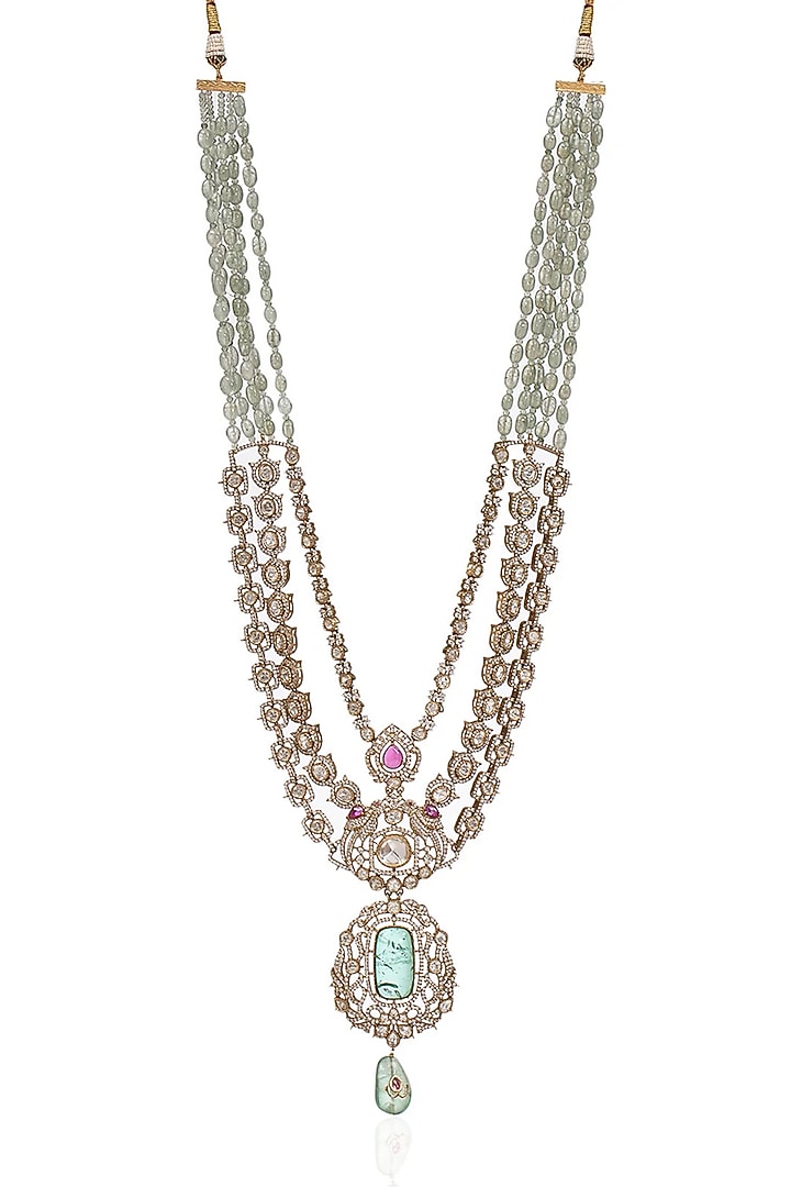 Gold Finish Green Polki & Fluorite Layered Mala by Preeti Mohan Men at Pernia's Pop Up Shop