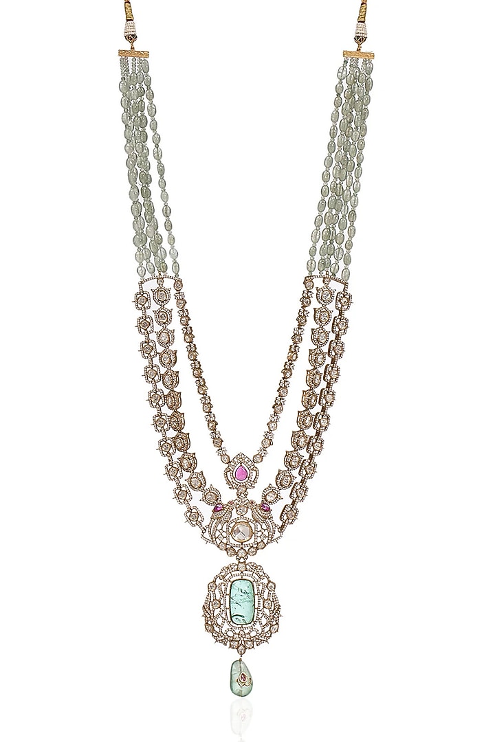 Gold Finish Green Polki & Fluorite Layered Mala by Preeti Mohan Men at Pernia's Pop Up Shop