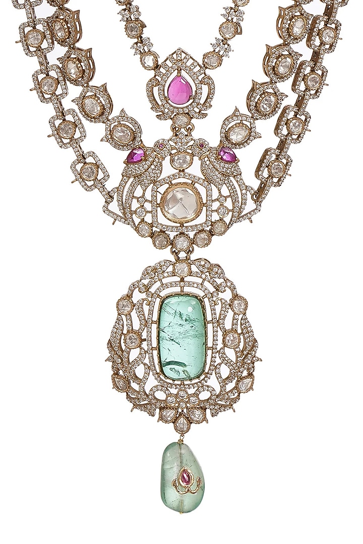 Gold Finish Green Polki & Fluorite Layered Mala by Preeti Mohan Men at Pernia's Pop Up Shop