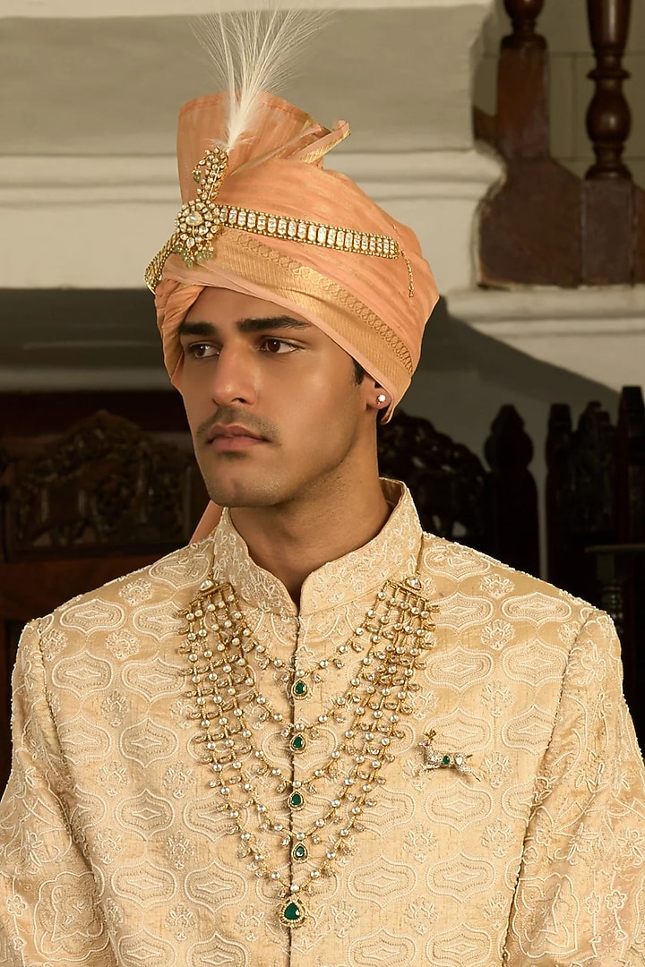 Gold Finish Green Onyx & Polki Layered Mala by Preeti Mohan Men at Pernia's Pop Up Shop
