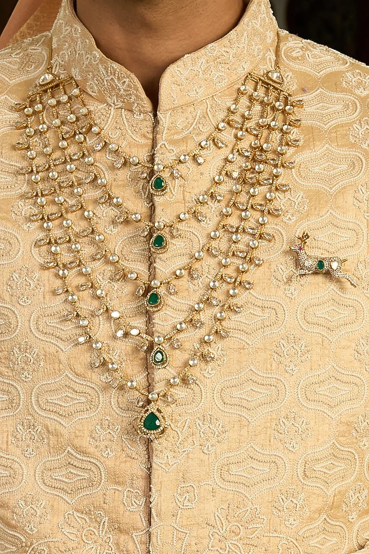 Gold Finish Green Onyx & Polki Layered Mala by Preeti Mohan Men at Pernia's Pop Up Shop