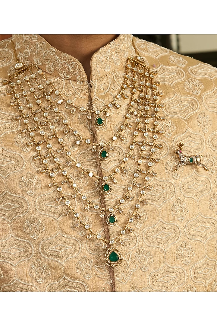 Gold Finish Green Onyx & Polki Layered Mala by Preeti Mohan Men at Pernia's Pop Up Shop