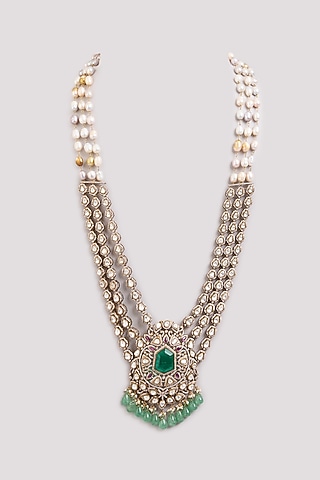 Gold Finish Kundan Polki & Green Stone Mala by Preeti Mohan Men