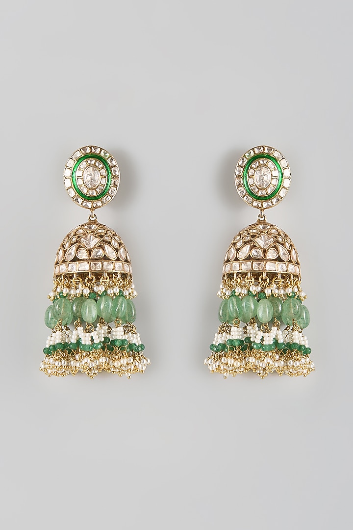 Gold Finish Kundan Polki & Green Stone Dangler Earrings In Sterling Silver by Preeti Mohan Silver at Pernia's Pop Up Shop