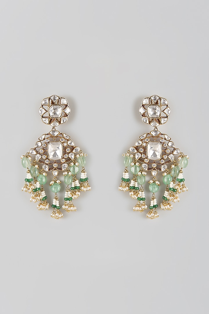 Gold Finish Kundan Polki & Green Stone Dangler Earrings In Sterling Silver by Preeti Mohan Silver at Pernia's Pop Up Shop