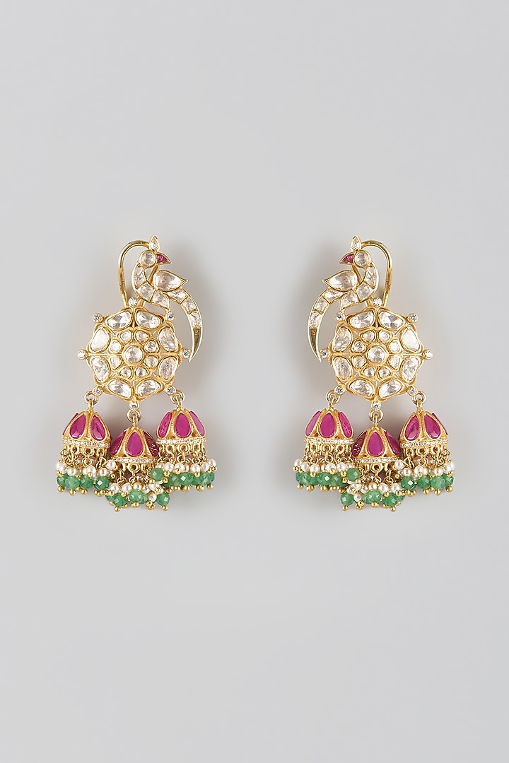 Gold Finish Kundan Polki & Multi-Colored Stone Dangler Earrings In Sterling Silver by Preeti Mohan Silver at Pernia's Pop Up Shop