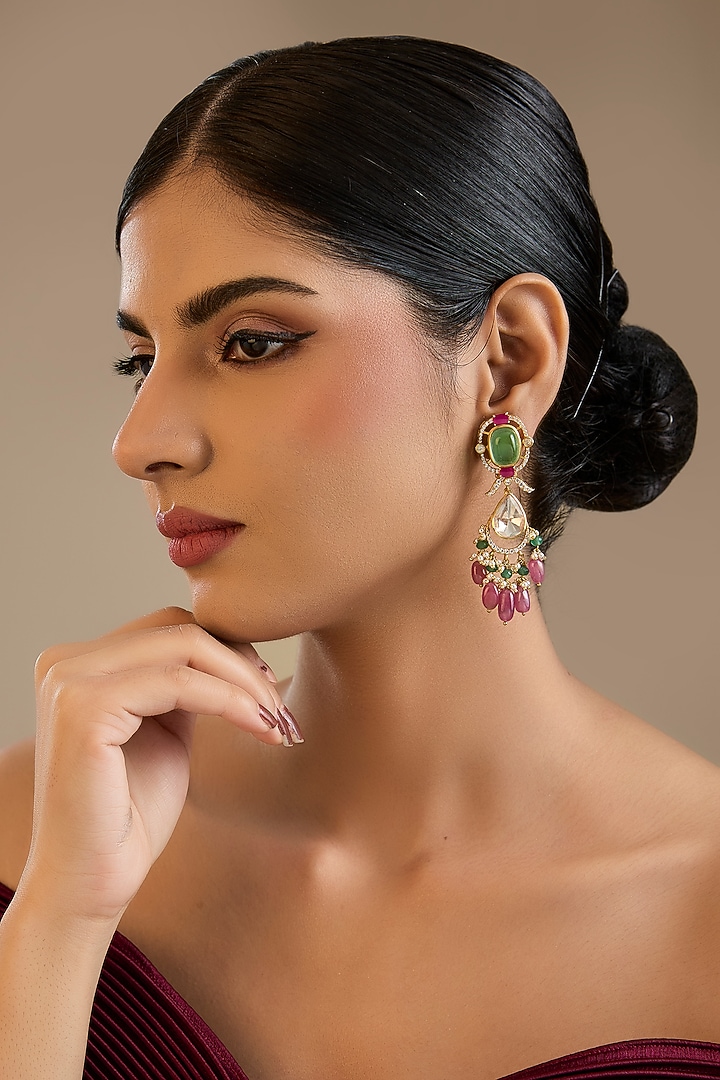 Gold Finish Kundan Polki & Multi-Colored Stone Dangler Earrings In Sterling Silver by Preeti Mohan Silver at Pernia's Pop Up Shop