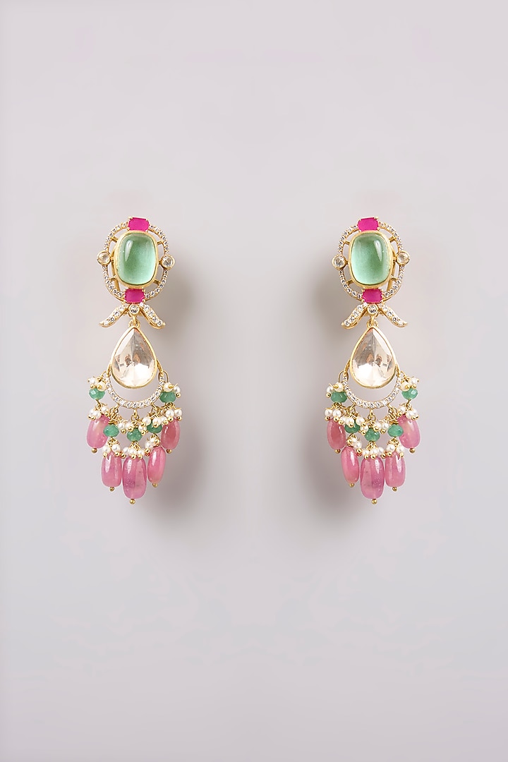 Gold Finish Kundan Polki & Multi-Colored Stone Dangler Earrings In Sterling Silver by Preeti Mohan Silver at Pernia's Pop Up Shop