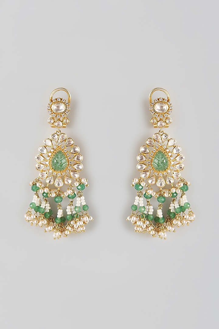 Gold Finish Kundan Polki & Green Stone Dangler Earrings In Sterling Silver by Preeti Mohan Silver at Pernia's Pop Up Shop