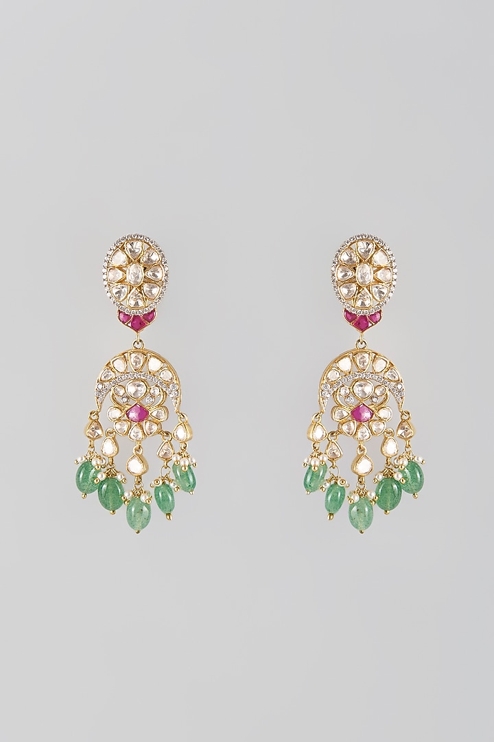 Gold Finish Kundan Polki & Multi-Colored Stone Dangler Earrings In Sterling Silver by Preeti Mohan Silver at Pernia's Pop Up Shop