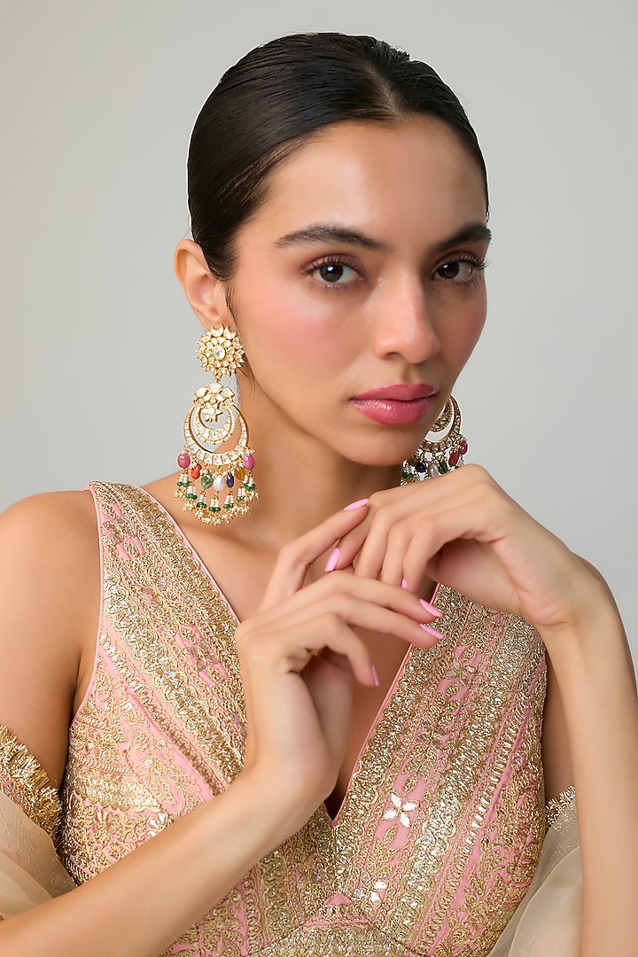 Gold Finish Kundan Polki Dangler Earrings In Sterling Silver by Preeti Mohan Silver at Pernia's Pop Up Shop