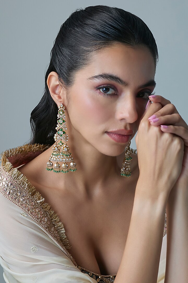 Gold Finish Kundan Polki & Green Stone Dangler Earrings In Sterling Silver by Preeti Mohan Silver at Pernia's Pop Up Shop