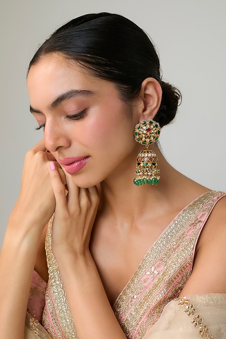 Gold Finish Kundan Polki & Green Stone Dangler Earrings In Sterling Silver by Preeti Mohan Silver at Pernia's Pop Up Shop