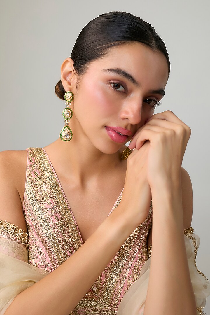 Gold Finish Kundan Polki & Green Stone Dangler Earrings In Sterling Silver by Preeti Mohan Silver at Pernia's Pop Up Shop