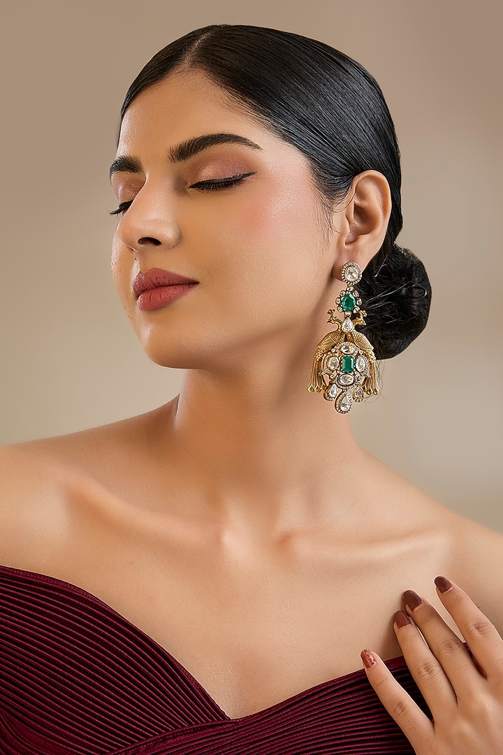 Gold Finish Kundan Polki & Green Stone Dangler Earrings In Sterling Silver by Preeti Mohan Silver at Pernia's Pop Up Shop