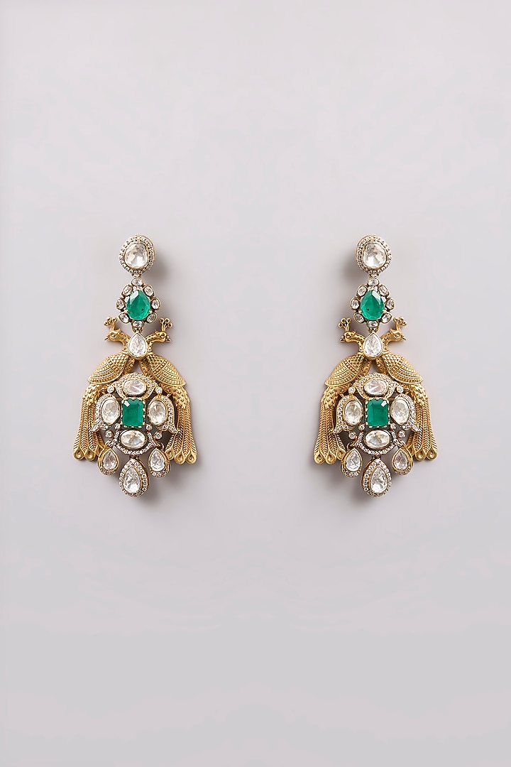 Gold Finish Kundan Polki & Green Stone Dangler Earrings In Sterling Silver by Preeti Mohan Silver at Pernia's Pop Up Shop