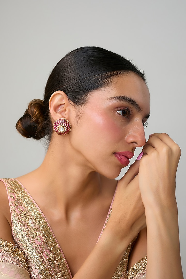 Gold Finish Ruby Stone Stud Earrings In Sterling Silver by Preeti Mohan Silver at Pernia's Pop Up Shop