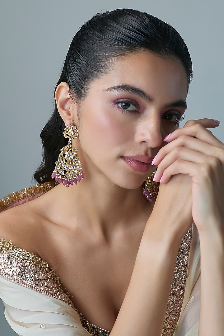 Gold Finish Kundan Polki & Pink Stone Dangler Earrings In Sterling Silver by Preeti Mohan Silver at Pernia's Pop Up Shop