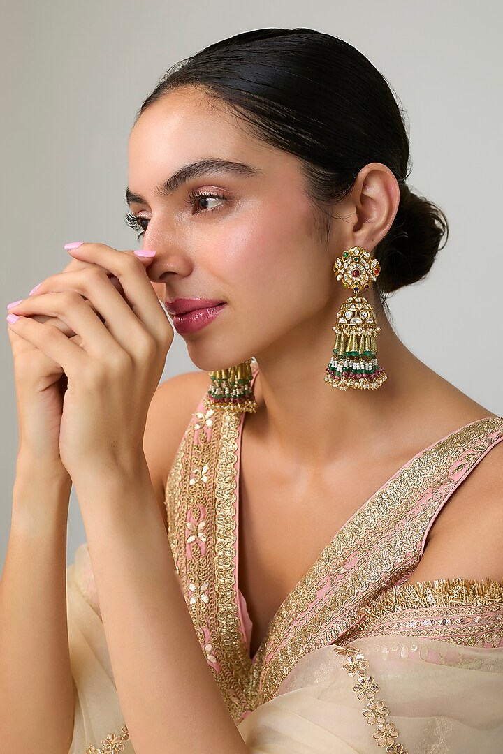 Gold Finish Kundan Polki Dangler Earrings In Sterling Silver by Preeti Mohan Silver at Pernia's Pop Up Shop