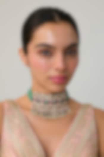 Gold Finish Kundan Polki & Emerald Beaded Choker Necklace In Sterling Silver by Preeti Mohan Silver at Pernia's Pop Up Shop