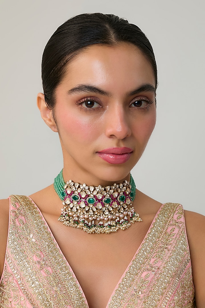 Gold Finish Kundan Polki & Emerald Beaded Choker Necklace In Sterling Silver by Preeti Mohan Silver at Pernia's Pop Up Shop