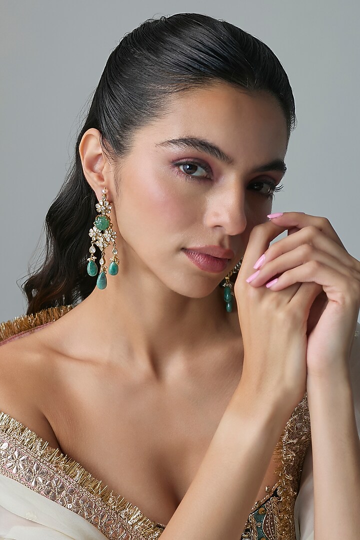 Gold Finish Kundan Polki & Green Stone Dangler Earrings In Sterling Silver by Preeti Mohan Silver at Pernia's Pop Up Shop