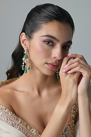 Gold Finish Kundan Polki & Green Stone Dangler Earrings In Sterling Silver by Preeti Mohan Silver