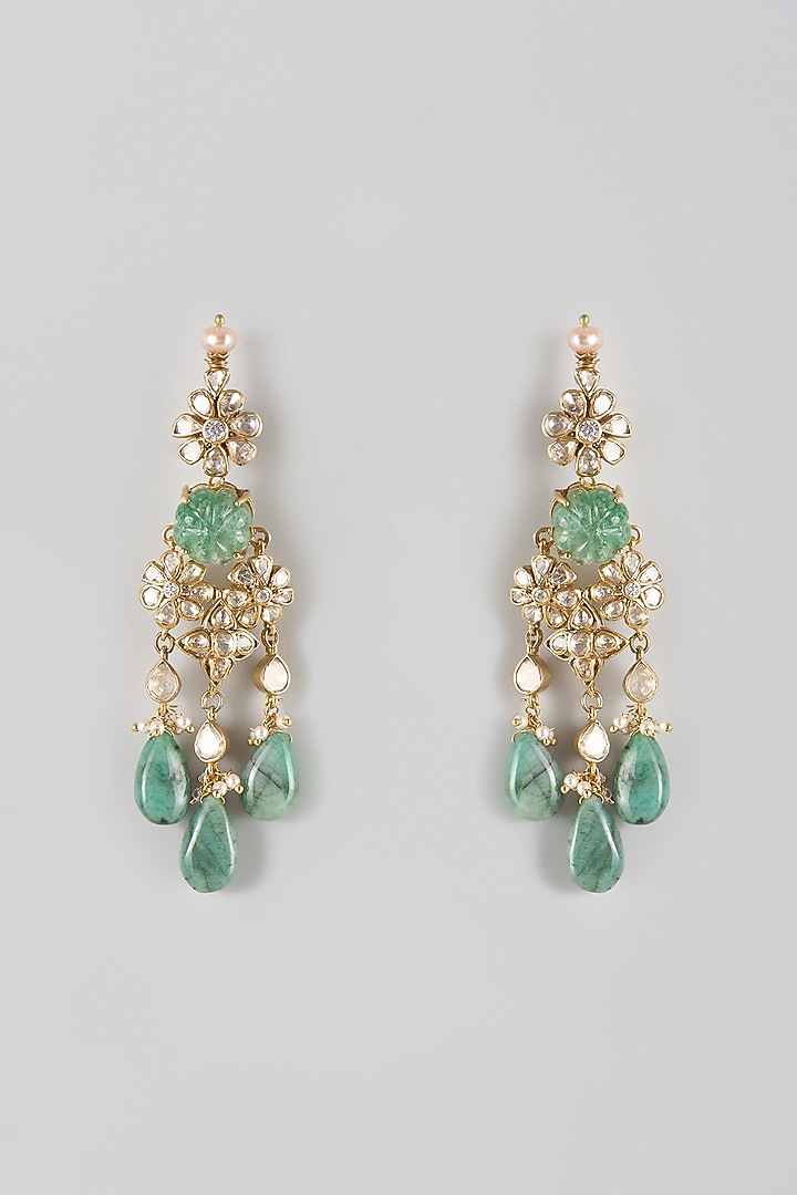 Gold Finish Kundan Polki & Green Stone Dangler Earrings In Sterling Silver by Preeti Mohan Silver at Pernia's Pop Up Shop