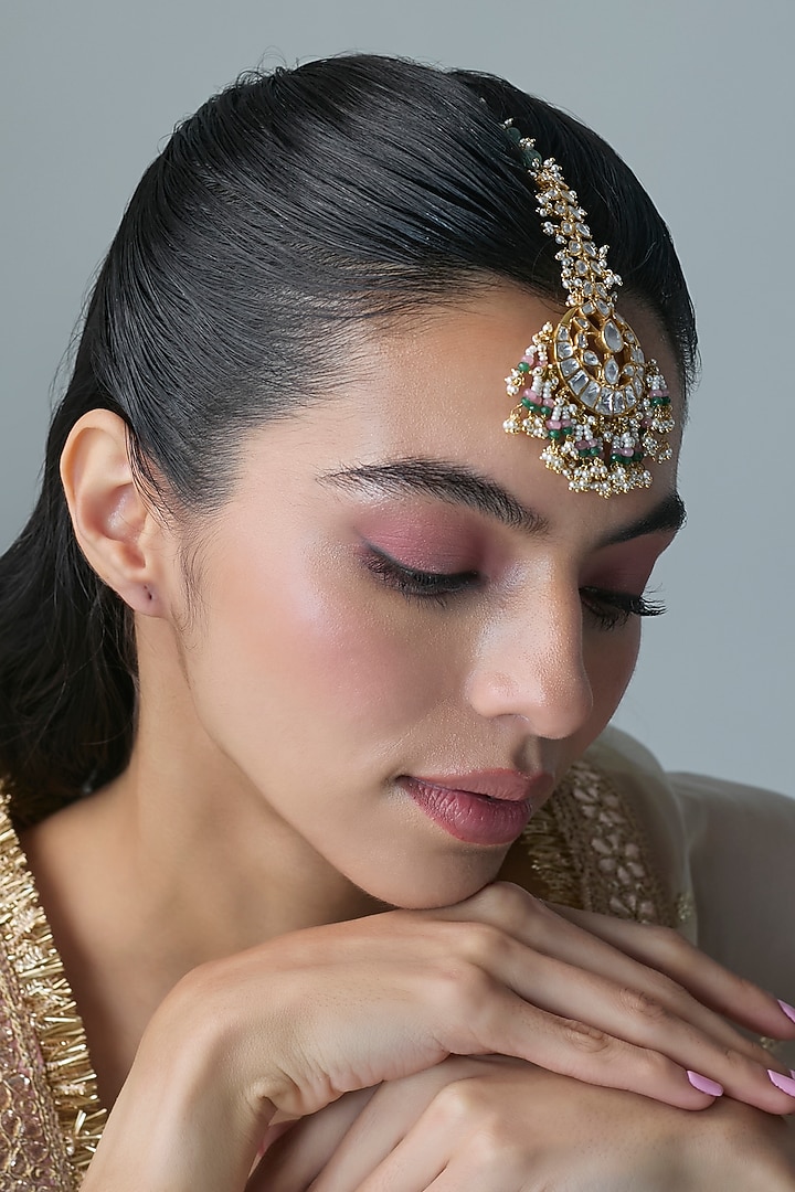 Gold Finish Kundan Polki Maangtikka In Sterling Silver by Preeti Mohan Silver at Pernia's Pop Up Shop