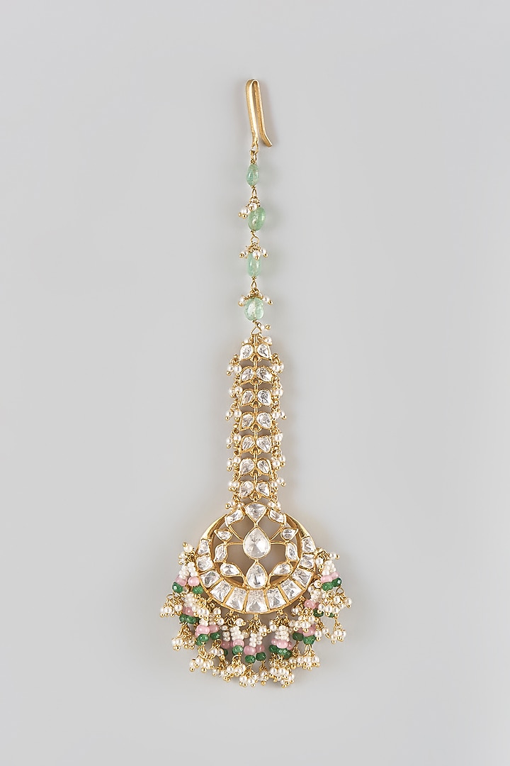 Gold Finish Kundan Polki Maangtikka In Sterling Silver by Preeti Mohan Silver at Pernia's Pop Up Shop
