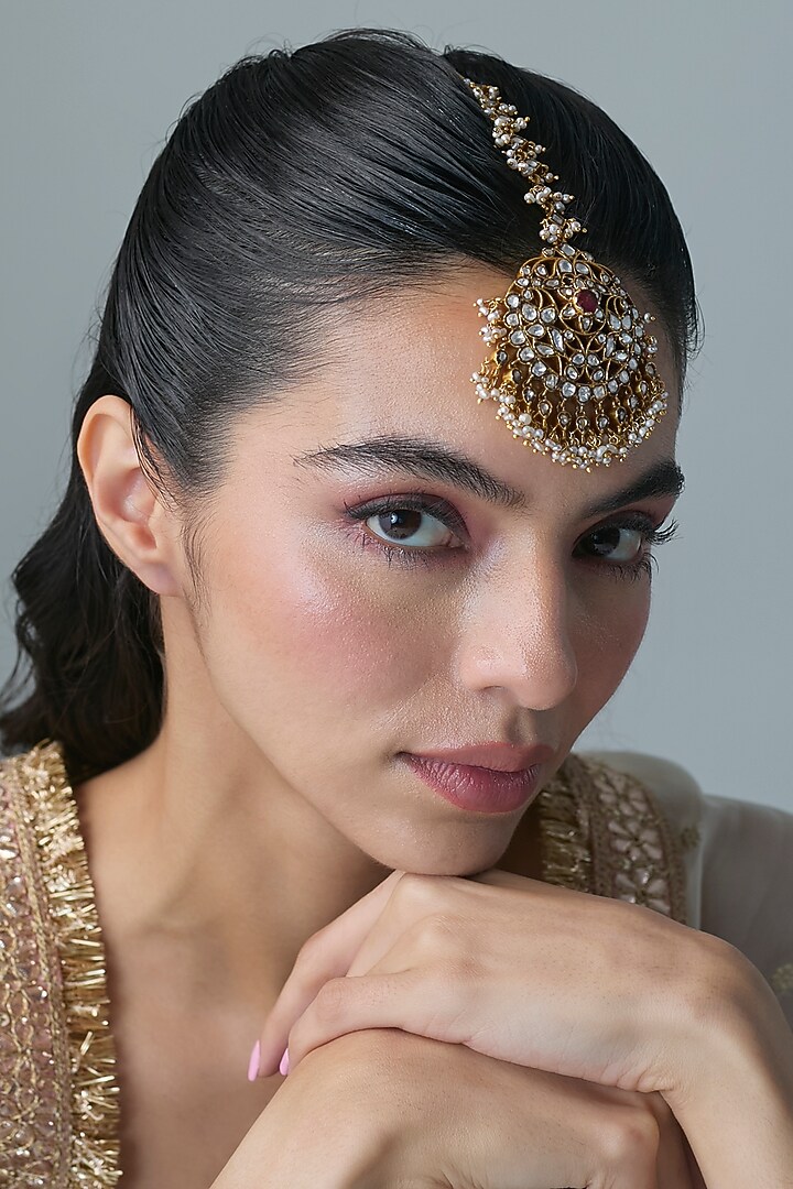 Gold Finish Kundan Polki & Ruby Stone Maangtikka In Sterling Silver by Preeti Mohan Silver at Pernia's Pop Up Shop