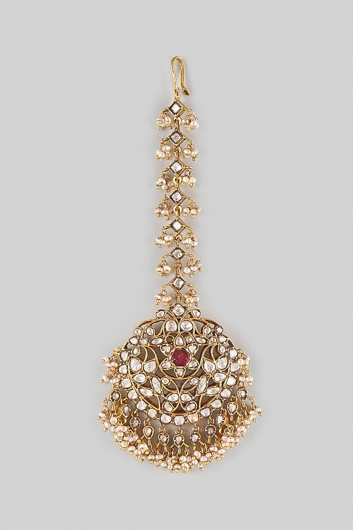 Gold Finish Kundan Polki & Ruby Stone Maangtikka In Sterling Silver by Preeti Mohan Silver at Pernia's Pop Up Shop
