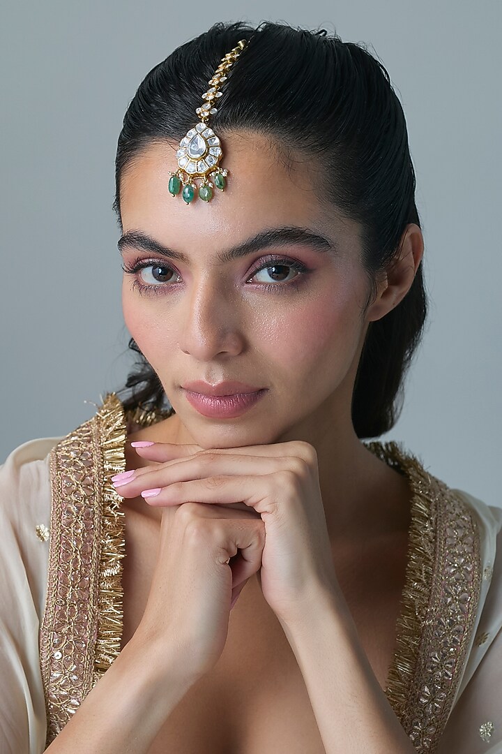 Gold Finish Kundan Polki & Green Stone Maangtikka In Sterling Silver by Preeti Mohan Silver at Pernia's Pop Up Shop