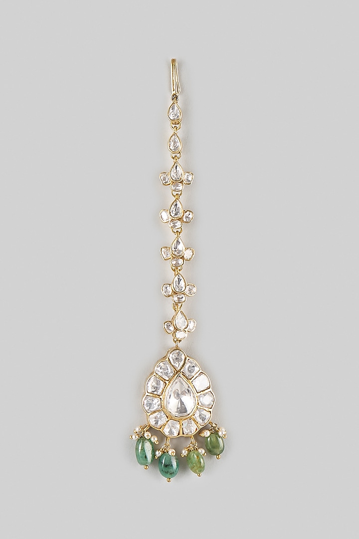 Gold Finish Kundan Polki & Green Stone Maangtikka In Sterling Silver by Preeti Mohan Silver at Pernia's Pop Up Shop