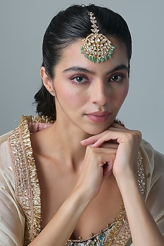 Gold Finish Kundan Polki & Green Stone Maangtikka In Sterling Silver by Preeti Mohan Silver
