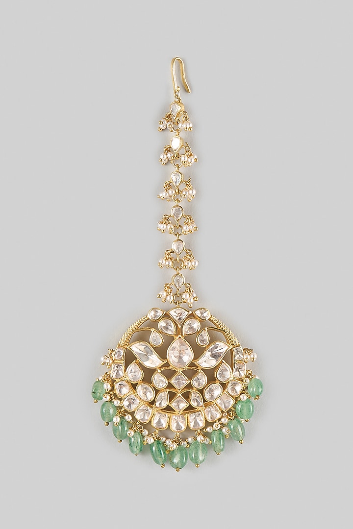 Gold Finish Kundan Polki & Green Stone Maangtikka In Sterling Silver by Preeti Mohan Silver at Pernia's Pop Up Shop