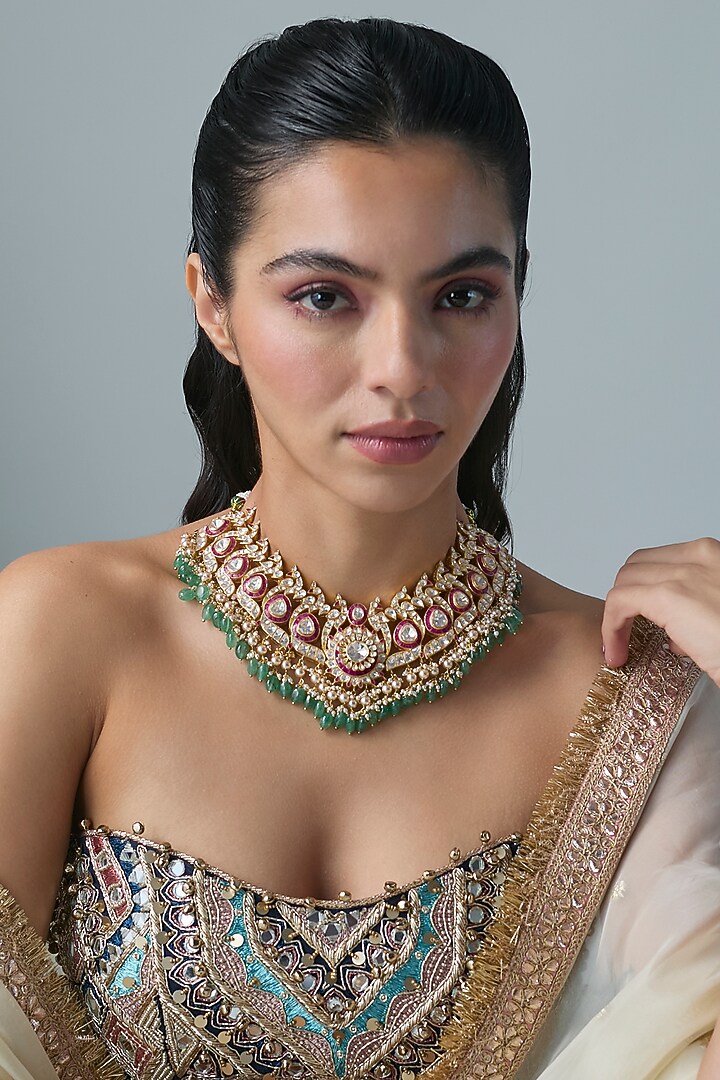 Gold Finish Kundan Polki & Multi-Colored Stone Necklace In Sterling Silver by Preeti Mohan Silver at Pernia's Pop Up Shop