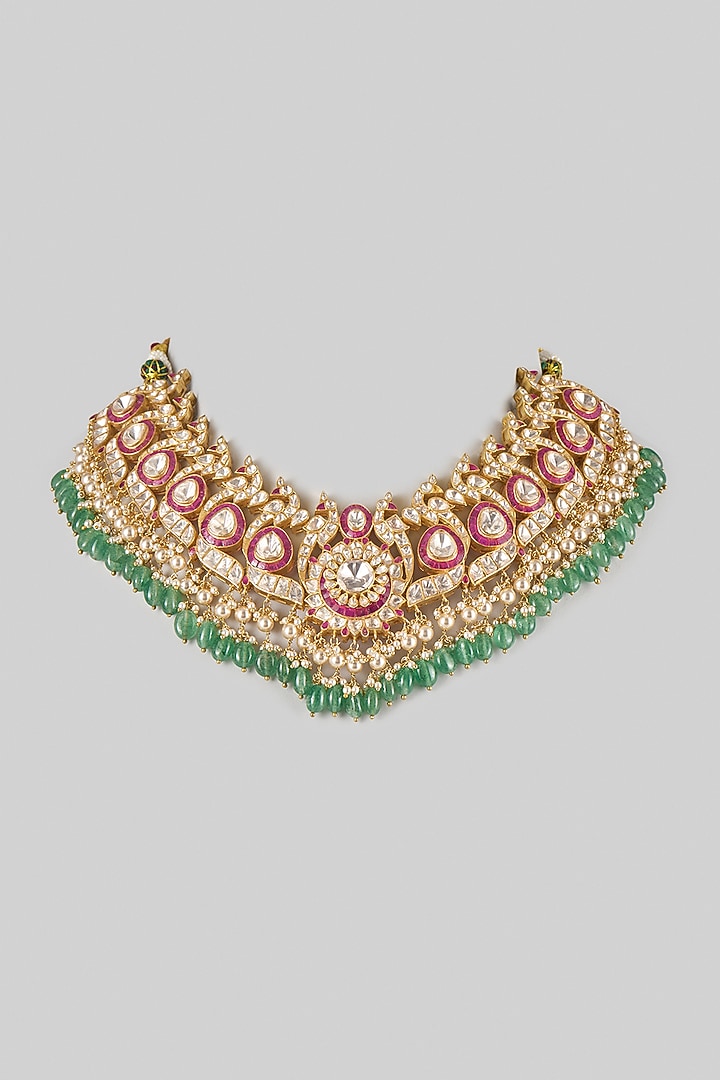 Gold Finish Kundan Polki & Multi-Colored Stone Necklace In Sterling Silver by Preeti Mohan Silver at Pernia's Pop Up Shop