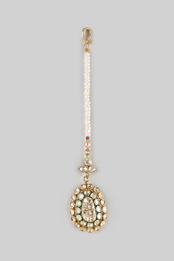 Gold Finish Kundan Polki Maangtikka In Sterling Silver by Preeti Mohan Silver at Pernia's Pop Up Shop
