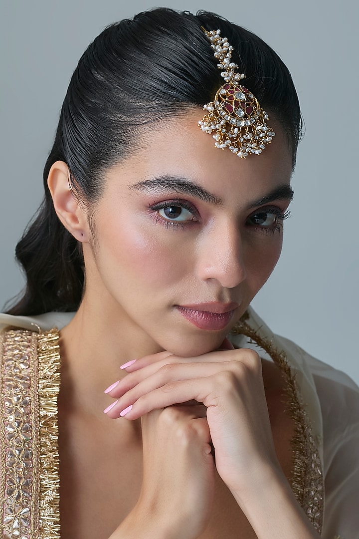 Gold Finish Kundan Polki & Pink Stone Maangtikka In Sterling Silver by Preeti Mohan Silver at Pernia's Pop Up Shop