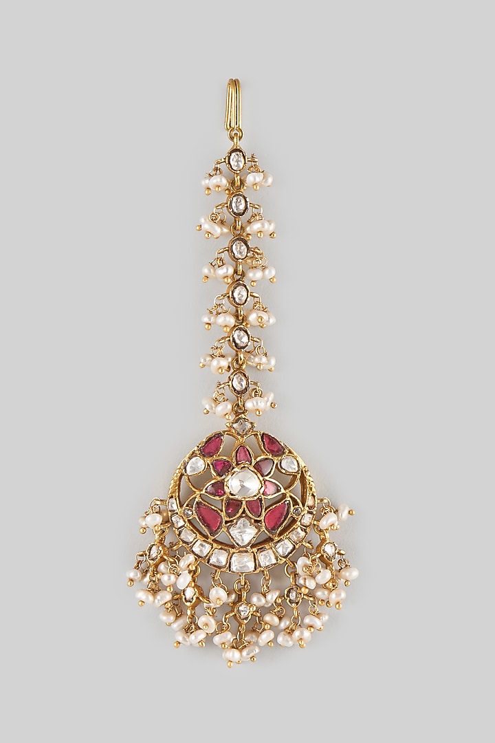 Gold Finish Kundan Polki & Pink Stone Maangtikka In Sterling Silver by Preeti Mohan Silver at Pernia's Pop Up Shop
