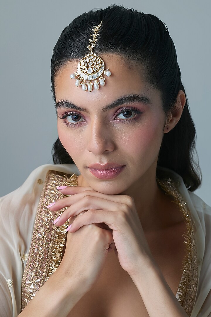 Gold Finish Kundan Polki Maangtikka In Sterling Silver by Preeti Mohan Silver at Pernia's Pop Up Shop